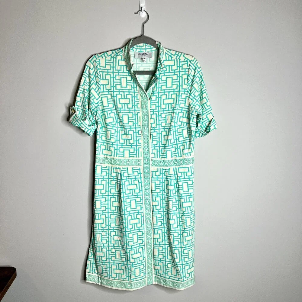 Elizabeth McKay Bamboo Geometric Print Nylon Spandex Button Front Shift Dress M - Picture 1 of 6